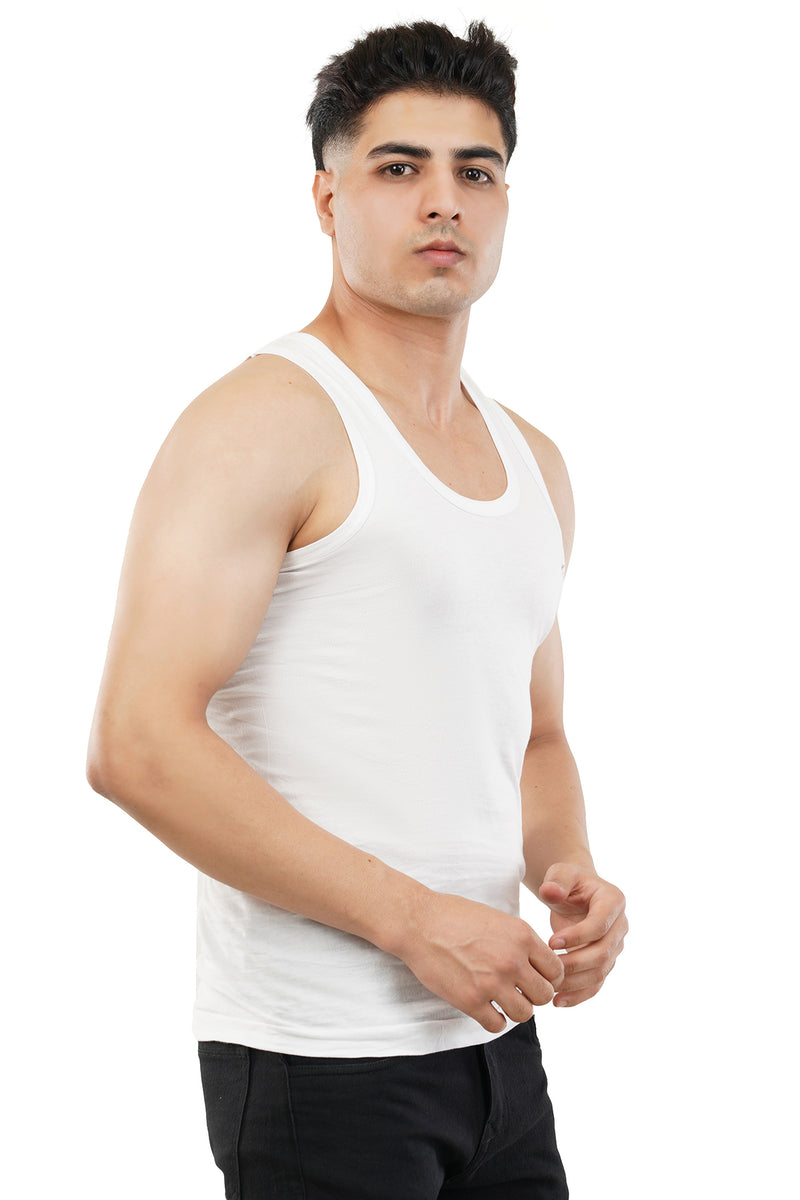 Side view from the right of the white tank top, highlighting its breathable fabric and ergonomic design.