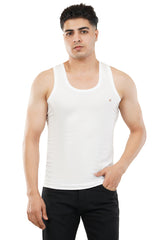 Front view of the white tank top, featuring a sleek, minimalist design perfect for meditation and wellness routines.
