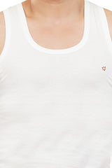Close-up of the chest area showcasing the Sanatman logo and premium design of the white tank top.