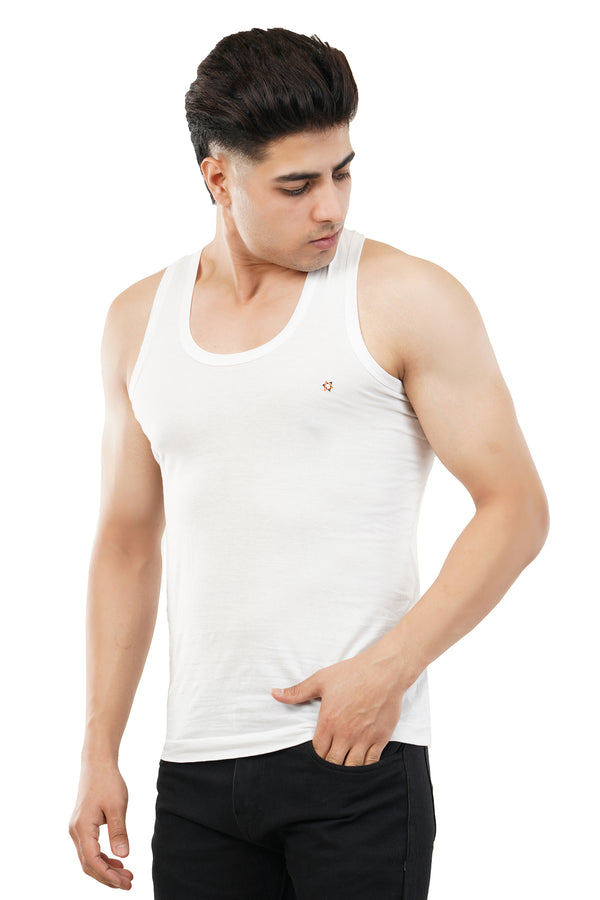 Side view from the left of the white tank top showing its clean lines and versatile fit.