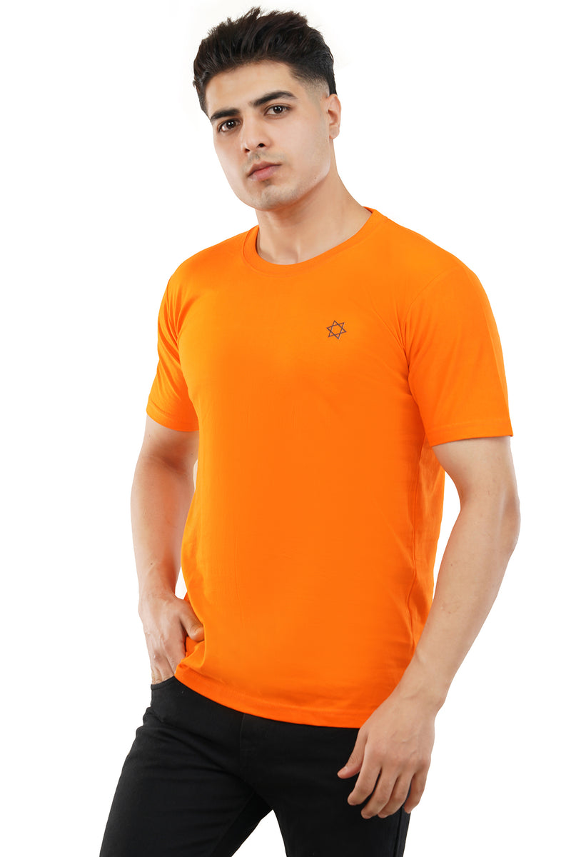 Side view from the left of the Bhagwa t-shirt showcasing its comfortable fit and minimalist design.