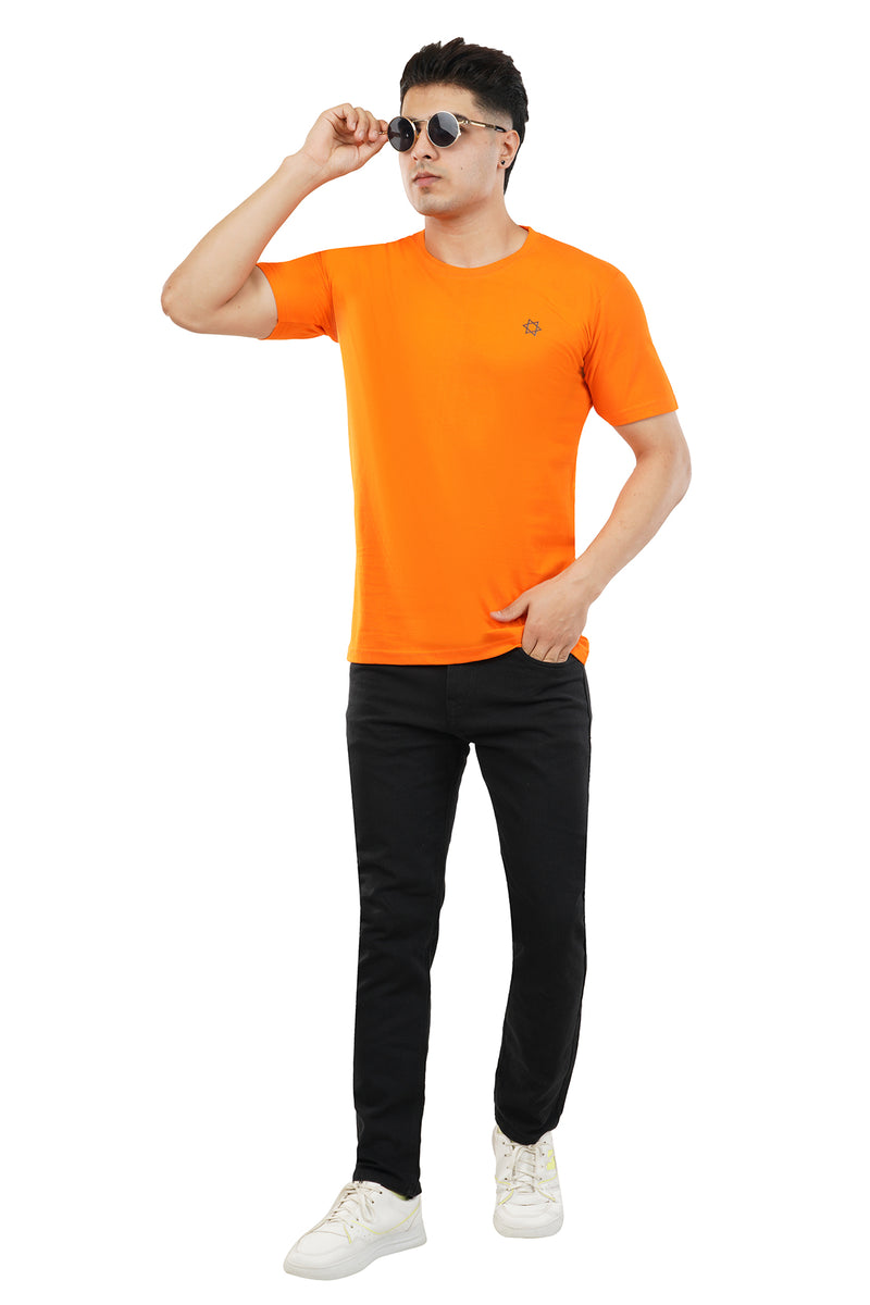 Bhagwa t-shirt styled in a casual, versatile way for both social gatherings and relaxed living.
