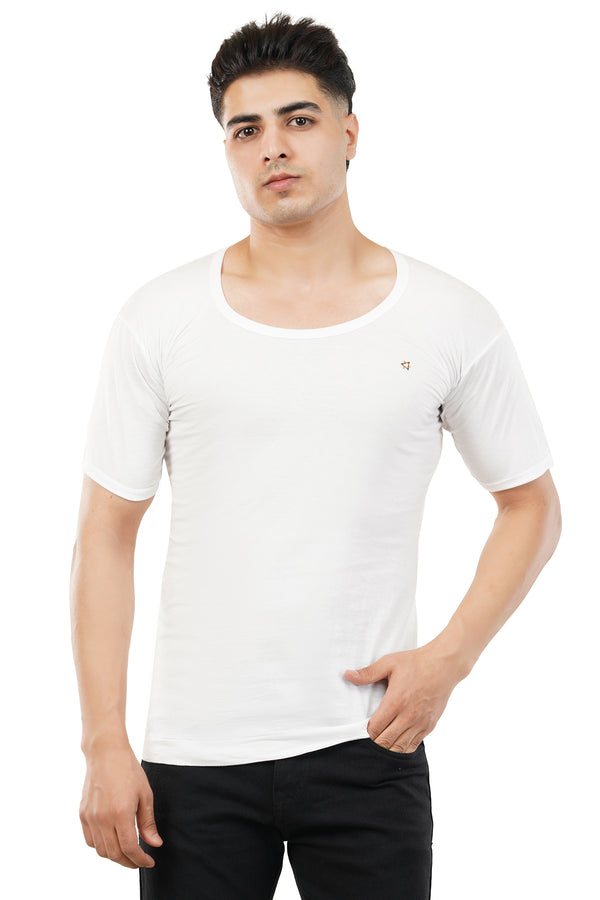Front view of the white undershirt, emphasizing simplicity, style, and premium comfort.
