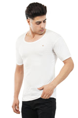 Side profile of the white undershirt, showcasing its classic design and tailored fit.